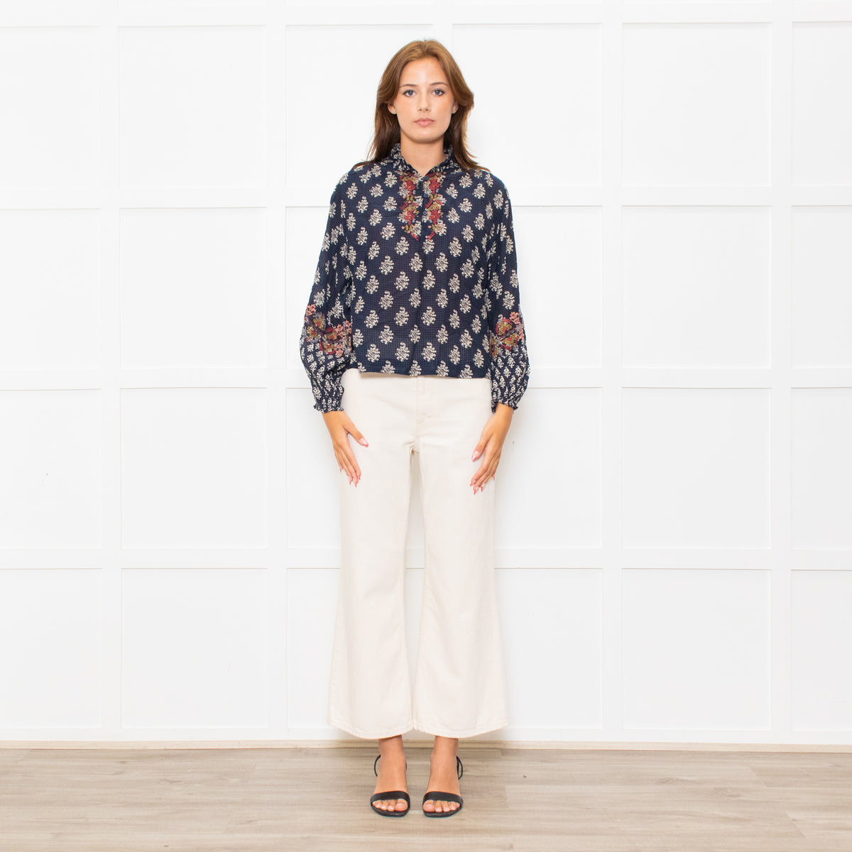 Vanessa Bruno Navy White Print Embroidered Top