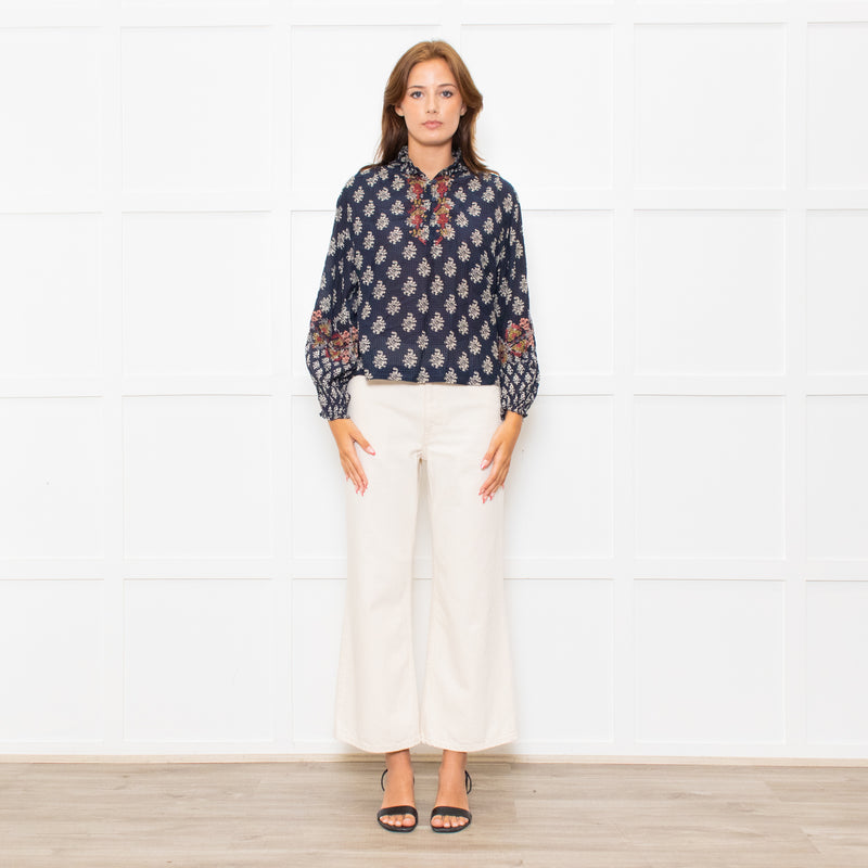 Vanessa Bruno Navy White Print Embroidered Top