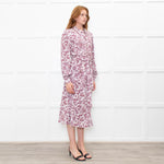 Sezane White Burgundy Floral Long Sleeve Belted Dress