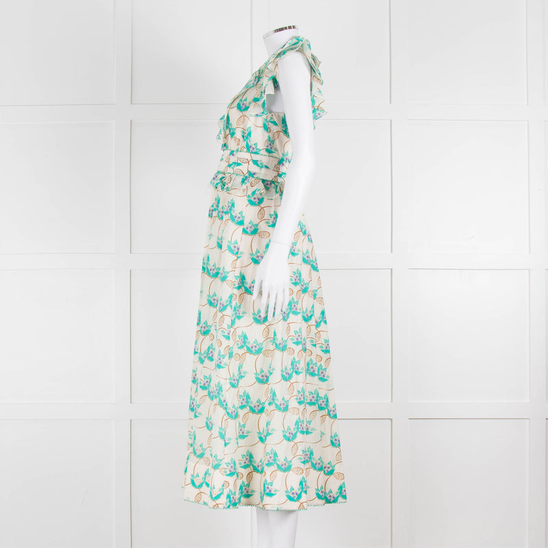 ME + EM Cream Turquoise Floral Frill Trim Cotton Dress