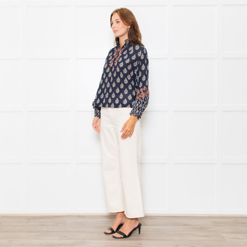 Vanessa Bruno Navy White Print Embroidered Top