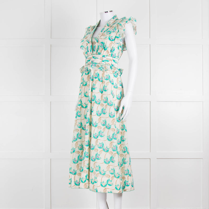 ME + EM Cream Turquoise Floral Frill Trim Cotton Dress