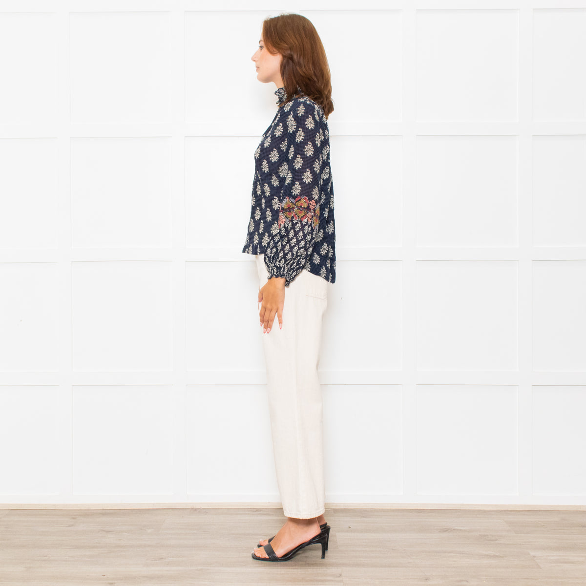 Vanessa Bruno Navy White Print Embroidered Top