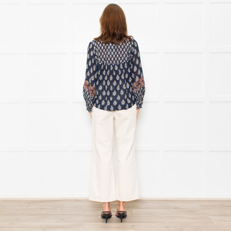 Vanessa Bruno Navy White Print Embroidered Top