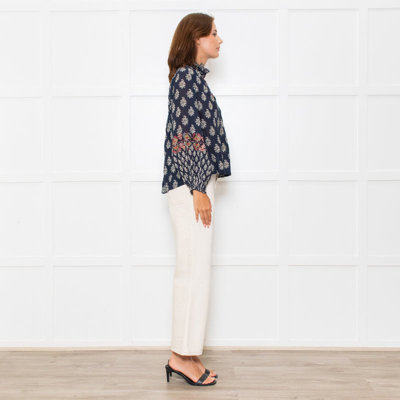 Vanessa Bruno Navy White Print Embroidered Top