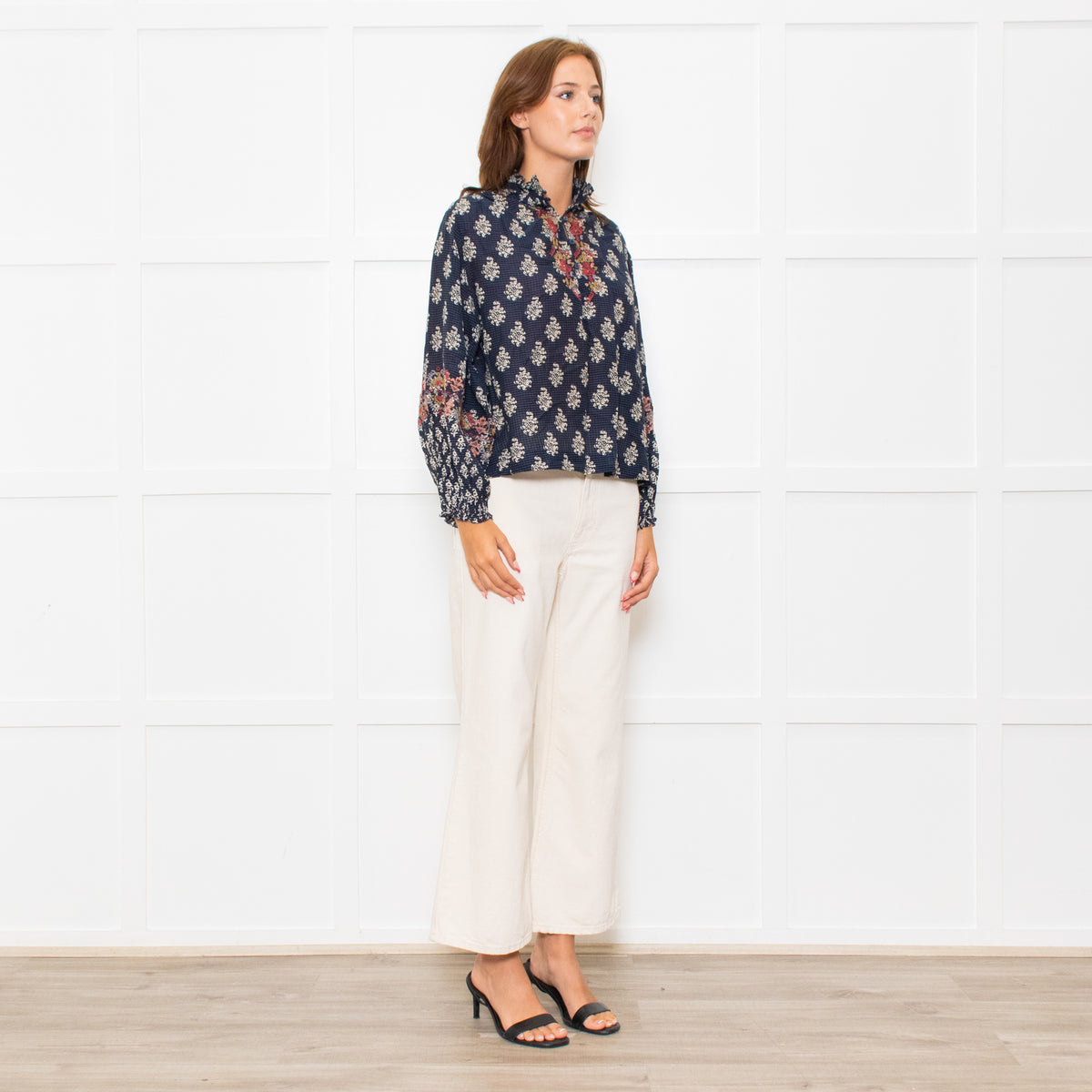 Vanessa Bruno Navy White Print Embroidered Top