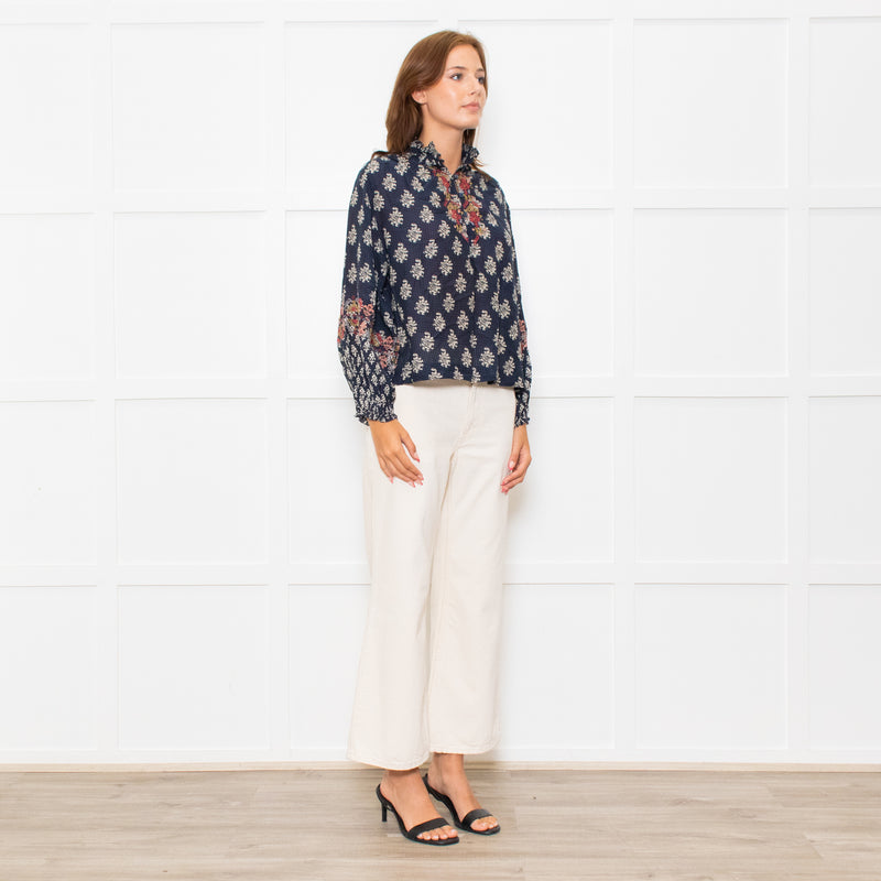 Vanessa Bruno Navy White Print Embroidered Top