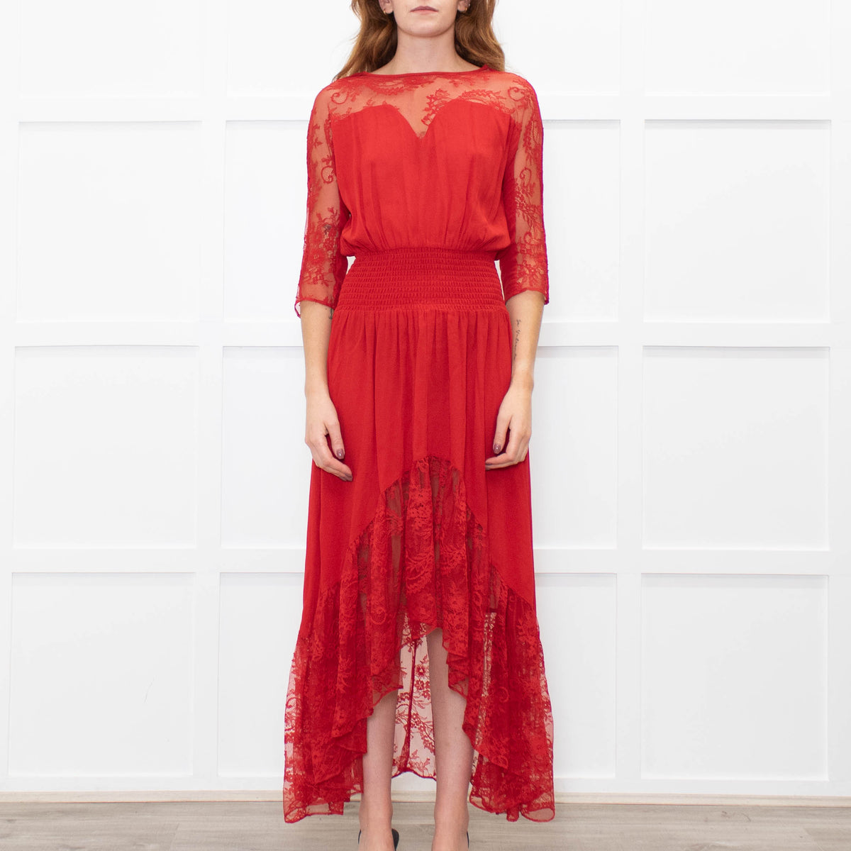 Maje Red Lace Trim Asymmetric Bottom Dress