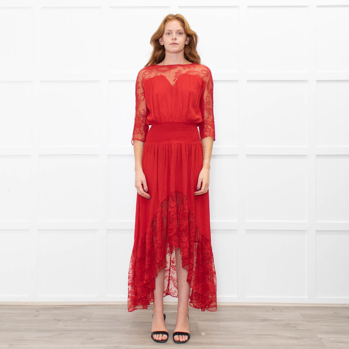 Maje Red Lace Trim Asymmetric Bottom Dress