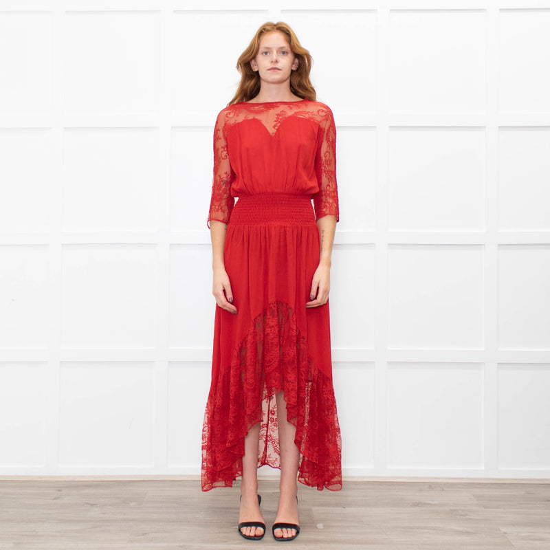 Maje Red Lace Trim Asymmetric Bottom Dress