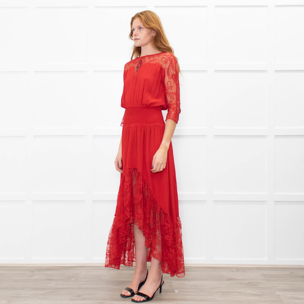 Maje Red Lace Trim Asymmetric Bottom Dress