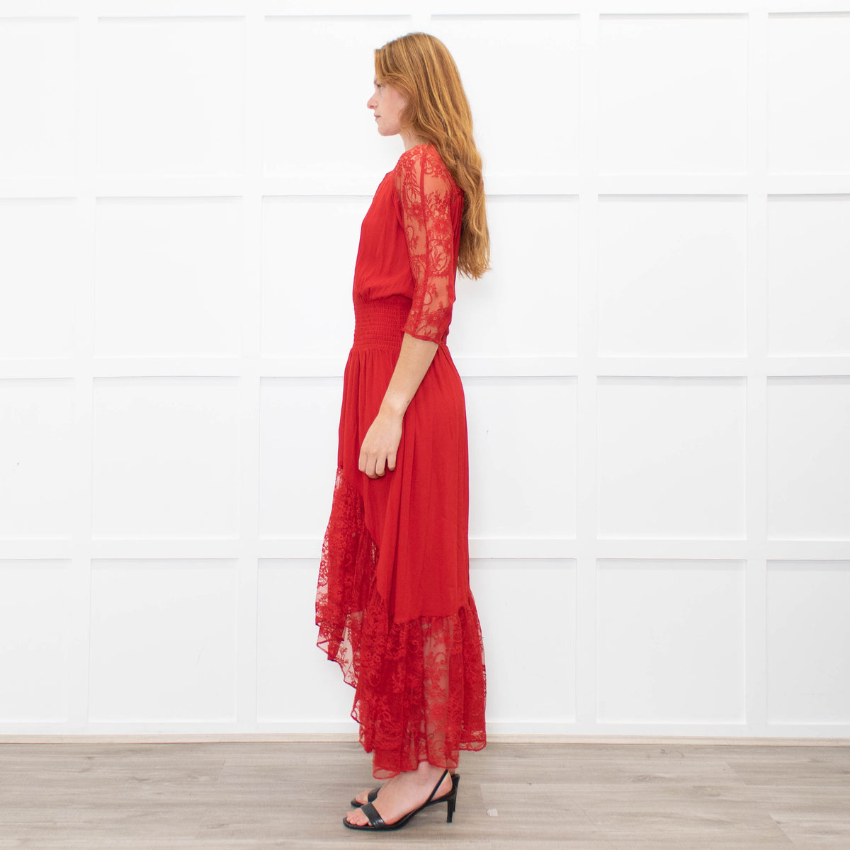 Maje Red Lace Trim Asymmetric Bottom Dress