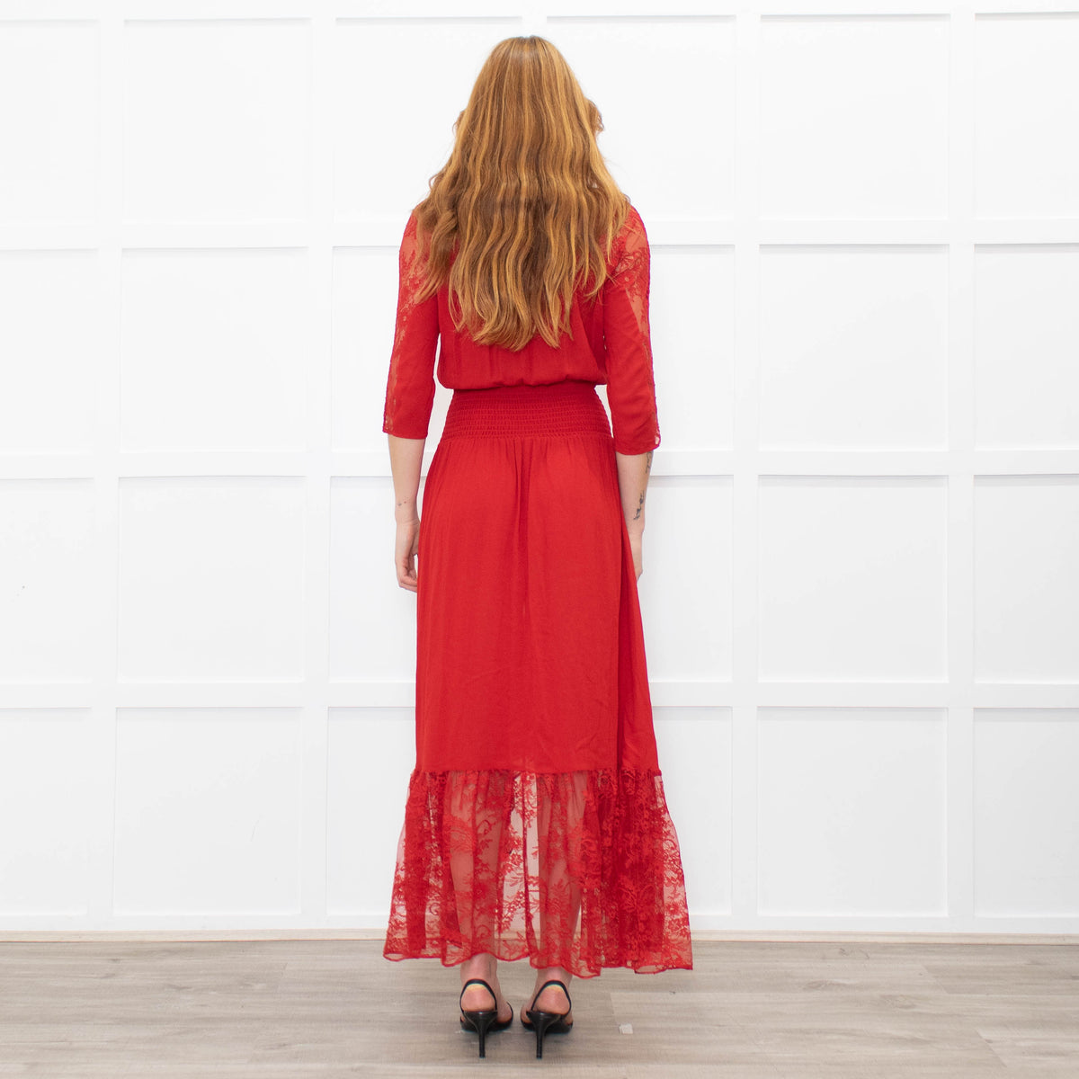 Maje Red Lace Trim Asymmetric Bottom Dress