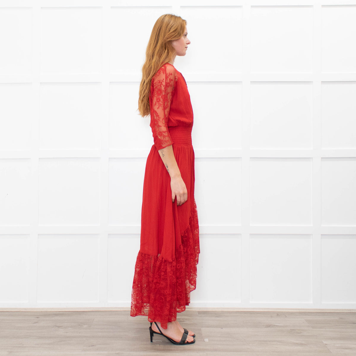 Maje Red Lace Trim Asymmetric Bottom Dress