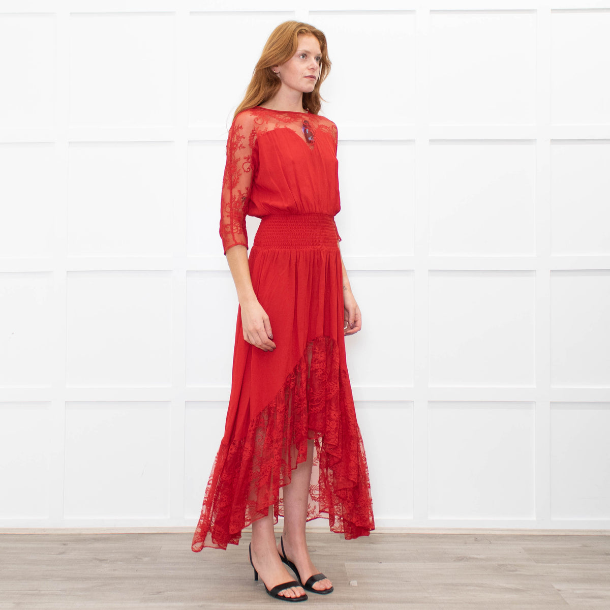 Maje Red Lace Trim Asymmetric Bottom Dress