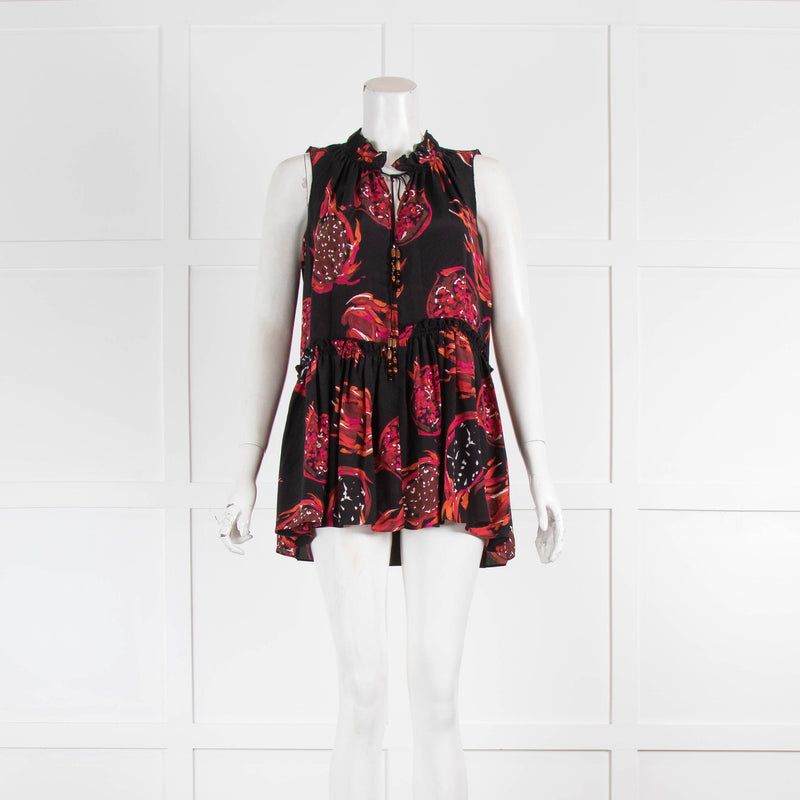 Dorothee Schumacher Black Sleeveless Top With Red Pink Pomegranates