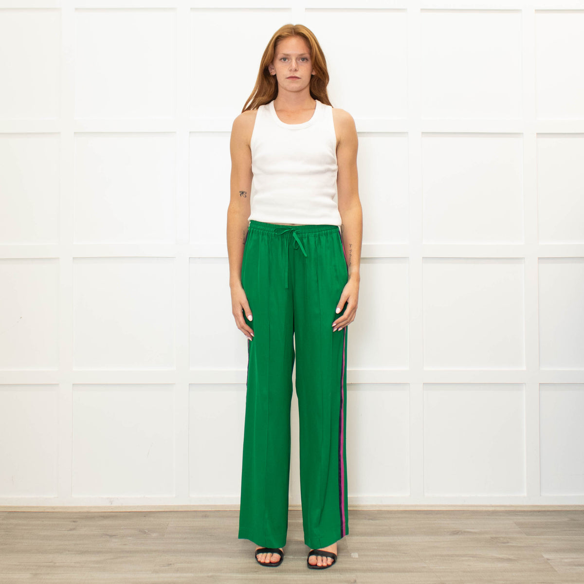 Serena Bute Green Silk Pink Side Stripe Trousers