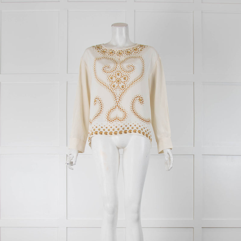 Moschino Cheap N Chic Cream Silk Blouse with Gold Print Detailing