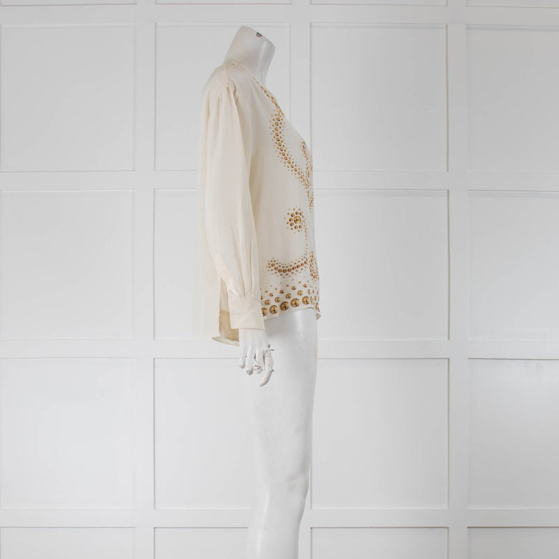 Moschino Cheap N Chic Cream Silk Blouse with Gold Print Detailing