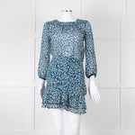 Ba&sh Teal White Floral Ruched Detail Mini Dress