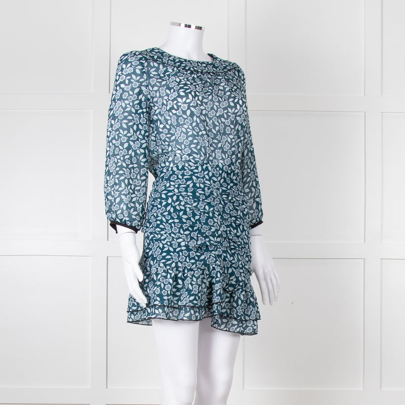 Ba&sh Teal White Floral Ruched Detail Mini Dress