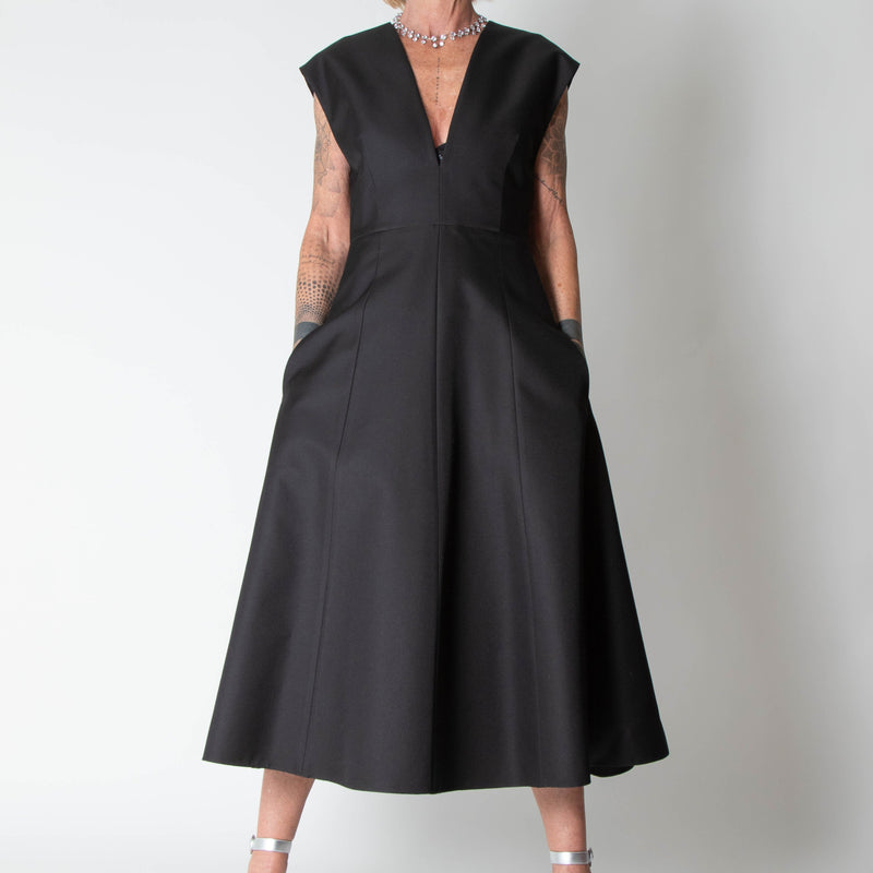 Michael Kors Collection Black Wool Silk Mix Deep V Fit & Flare Dress