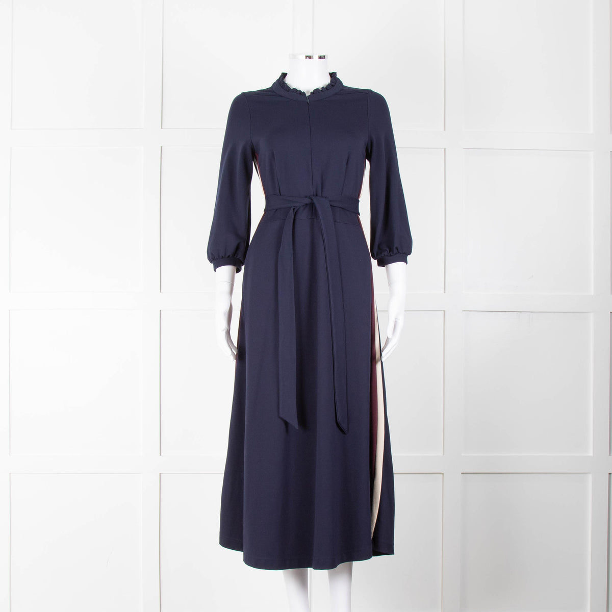 WYSE Blue Cream Burgundy Side Stripe Jersey Belted Dress