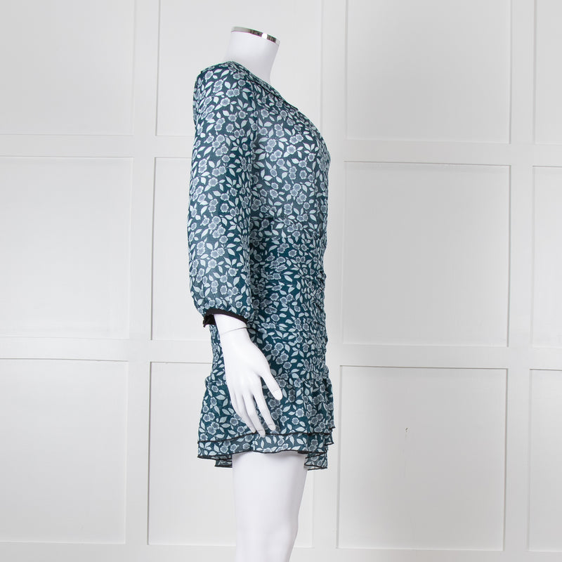 Ba&sh Teal White Floral Ruched Detail Mini Dress