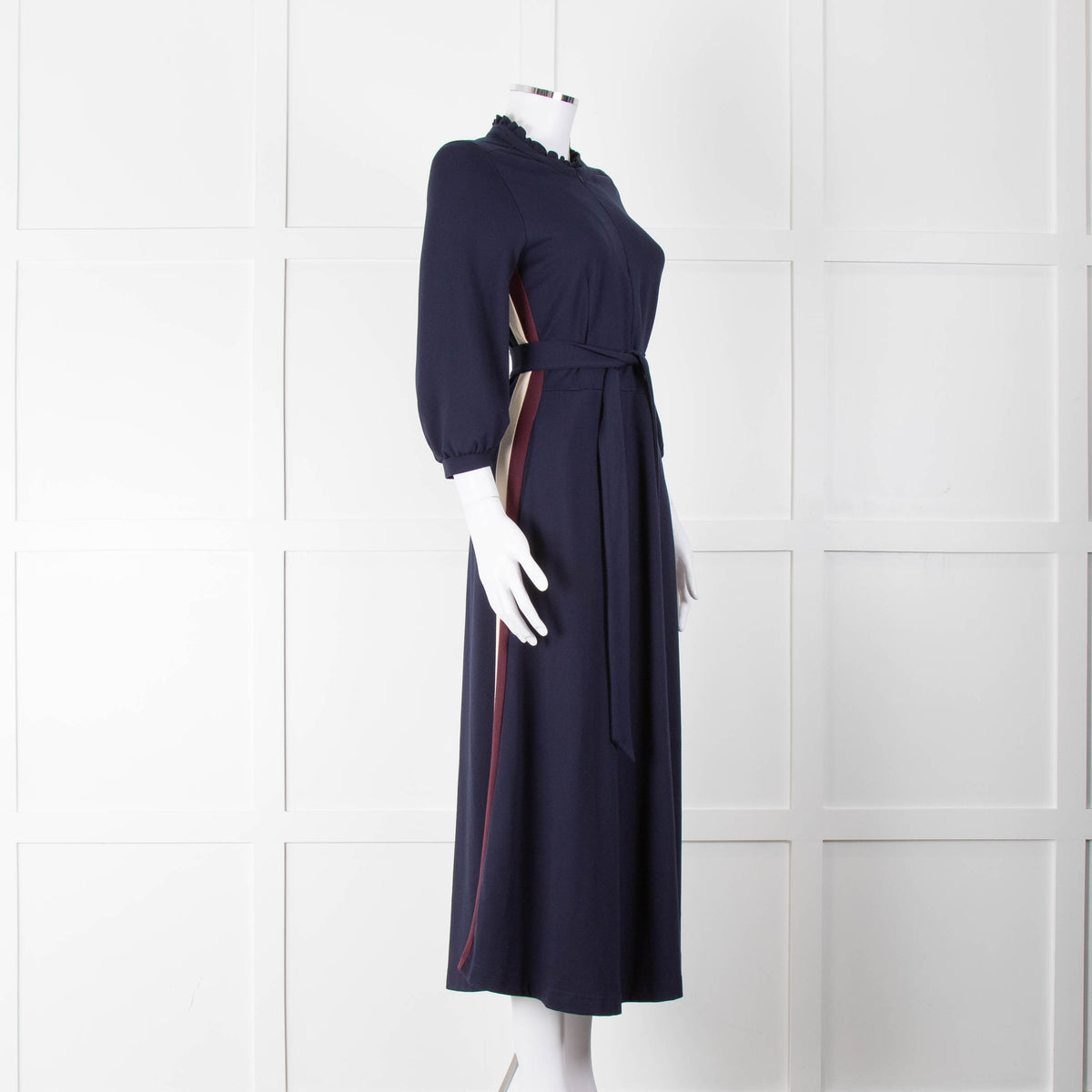 WYSE Blue Cream Burgundy Side Stripe Jersey Belted Dress
