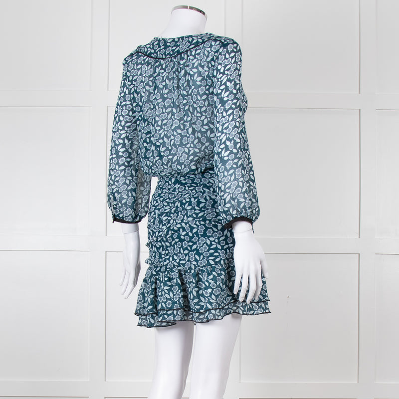 Ba&sh Teal White Floral Ruched Detail Mini Dress