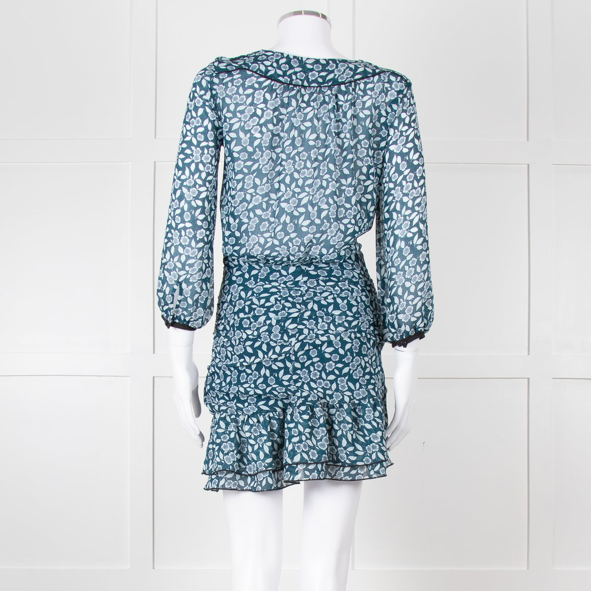 Ba&sh Teal White Floral Ruched Detail Mini Dress