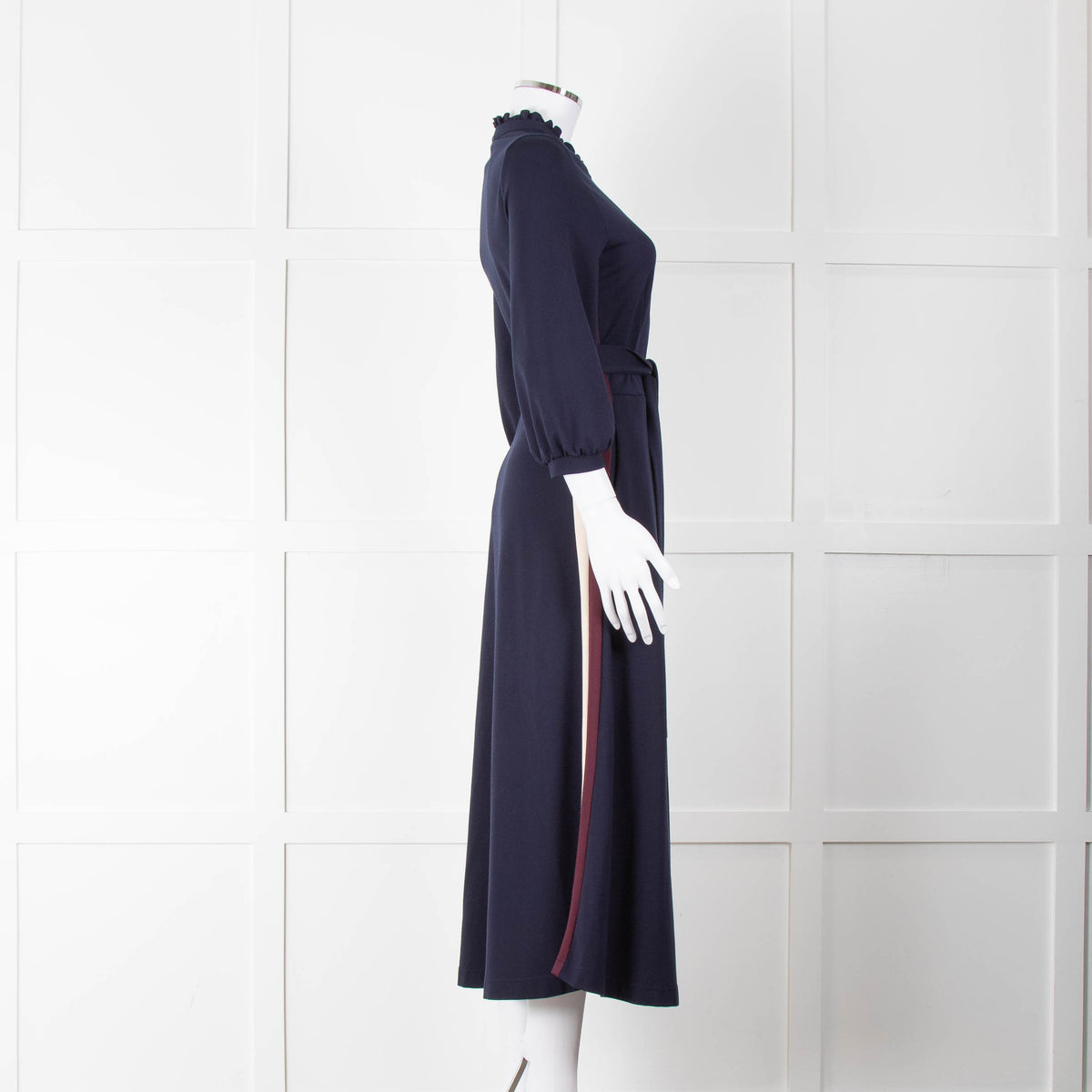 WYSE Blue Cream Burgundy Side Stripe Jersey Belted Dress