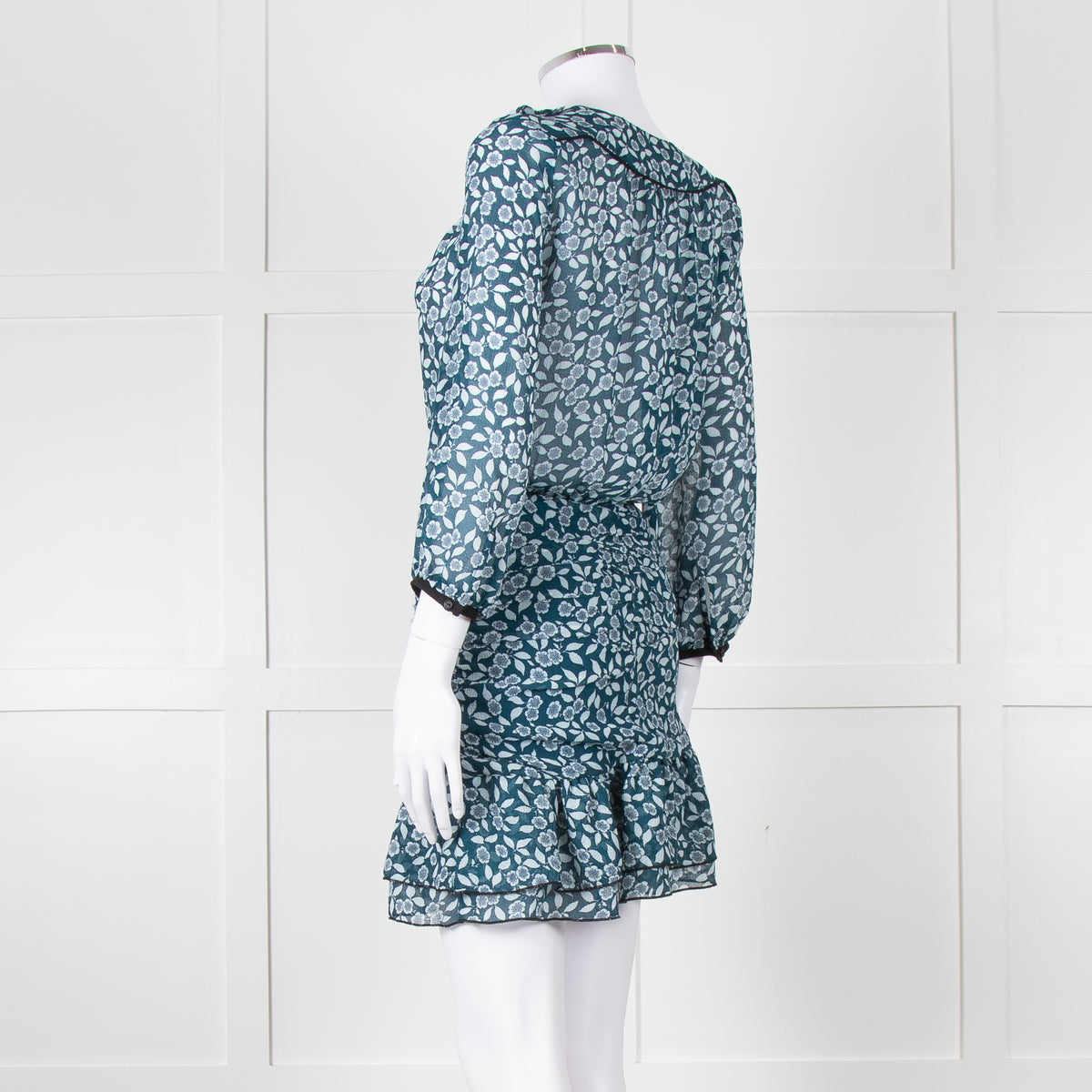 Ba&sh Teal White Floral Ruched Detail Mini Dress