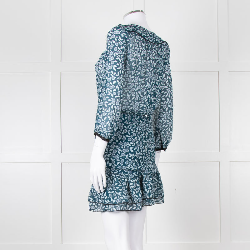 Ba&sh Teal White Floral Ruched Detail Mini Dress