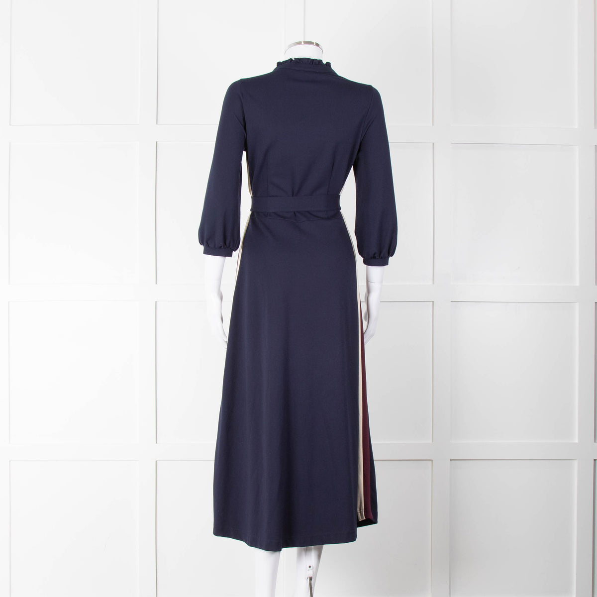 WYSE Blue Cream Burgundy Side Stripe Jersey Belted Dress