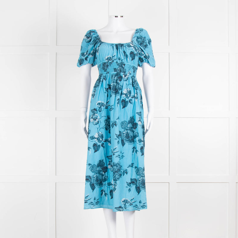 Faithfull The Brand Blue Floral Puff Sleeve Midi Dress