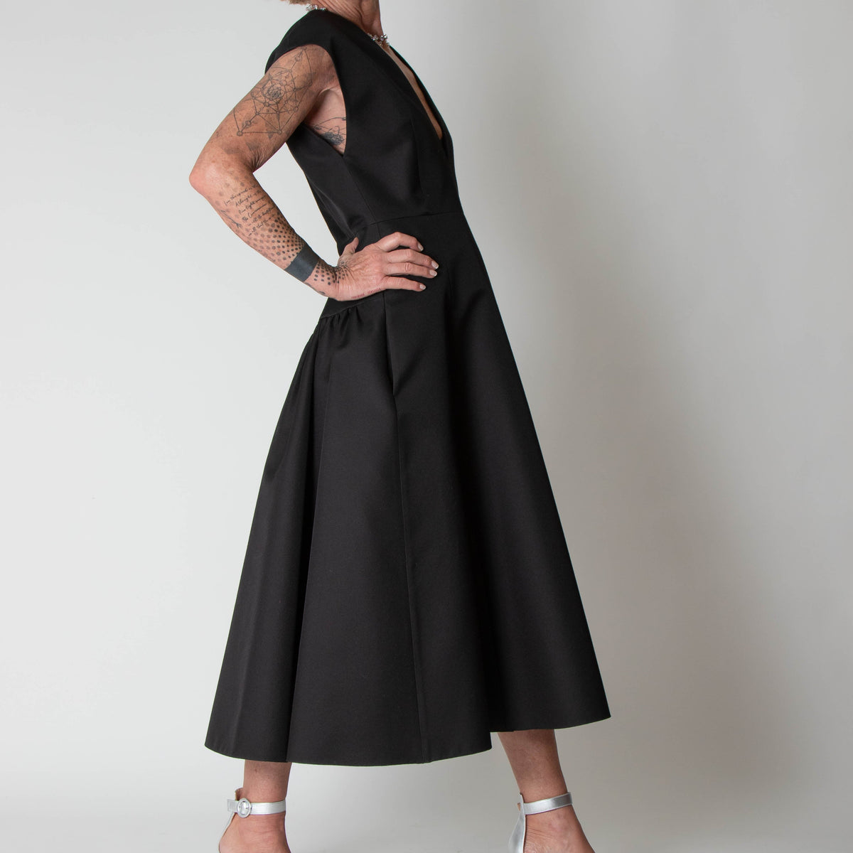 Michael Kors Collection Black Wool Silk Mix Deep V Fit & Flare Dress