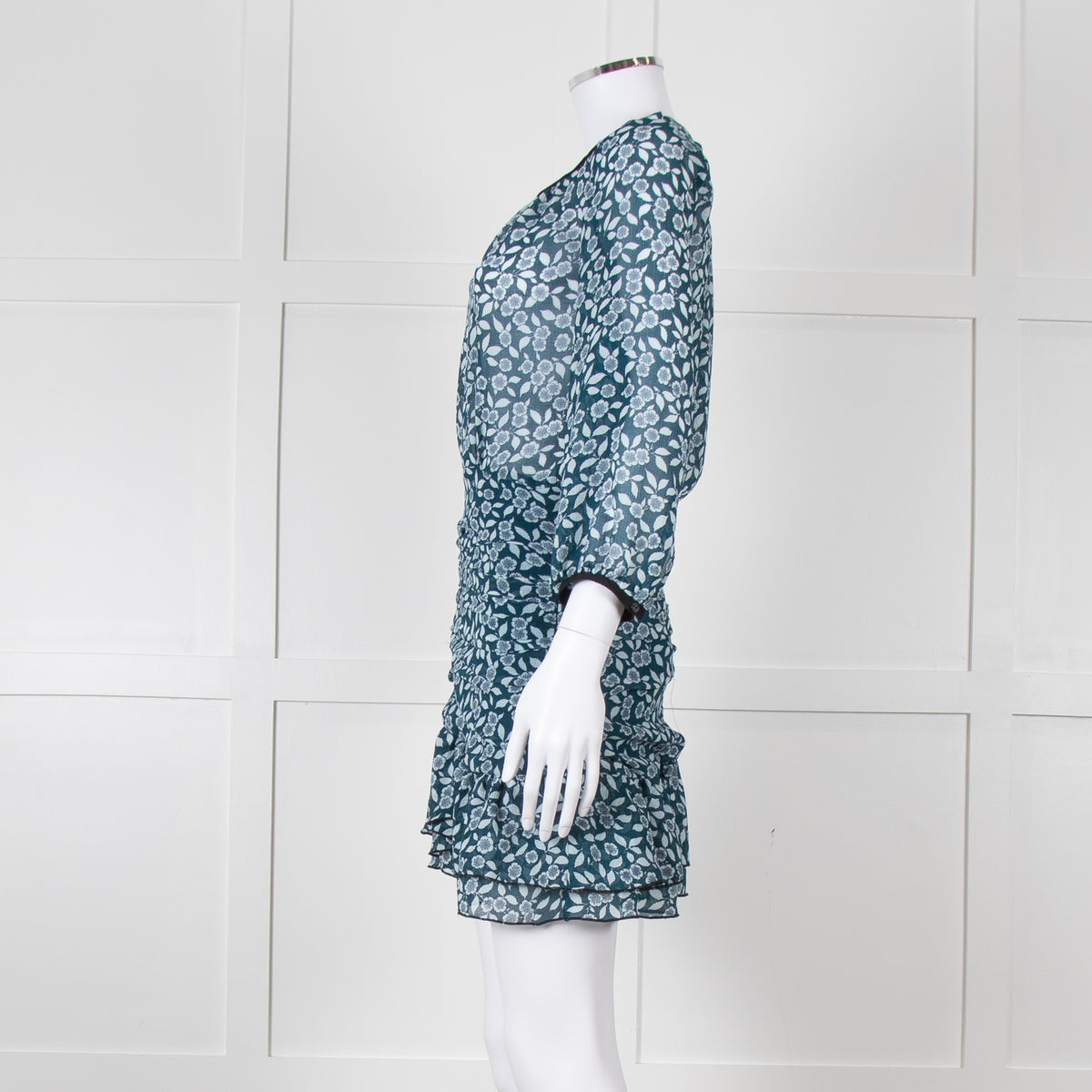 Ba&sh Teal White Floral Ruched Detail Mini Dress