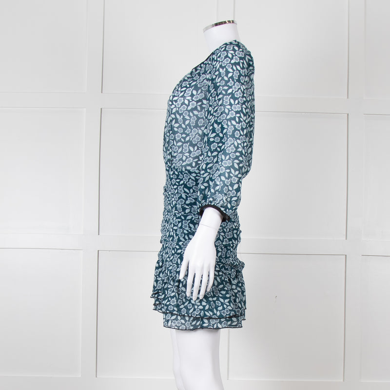 Ba&sh Teal White Floral Ruched Detail Mini Dress