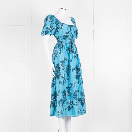 Faithfull The Brand Blue Floral Puff Sleeve Midi Dress