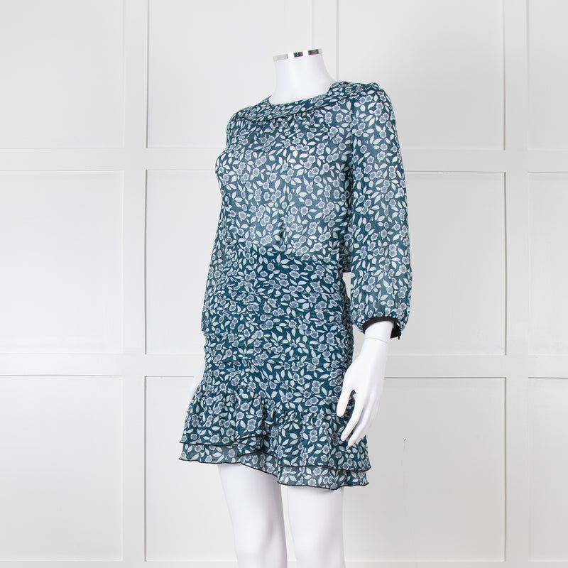 Ba&sh Teal White Floral Ruched Detail Mini Dress