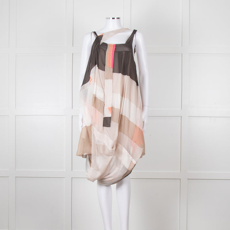 Chloe Cream Brown Peach Stripy Silk Mini Dress