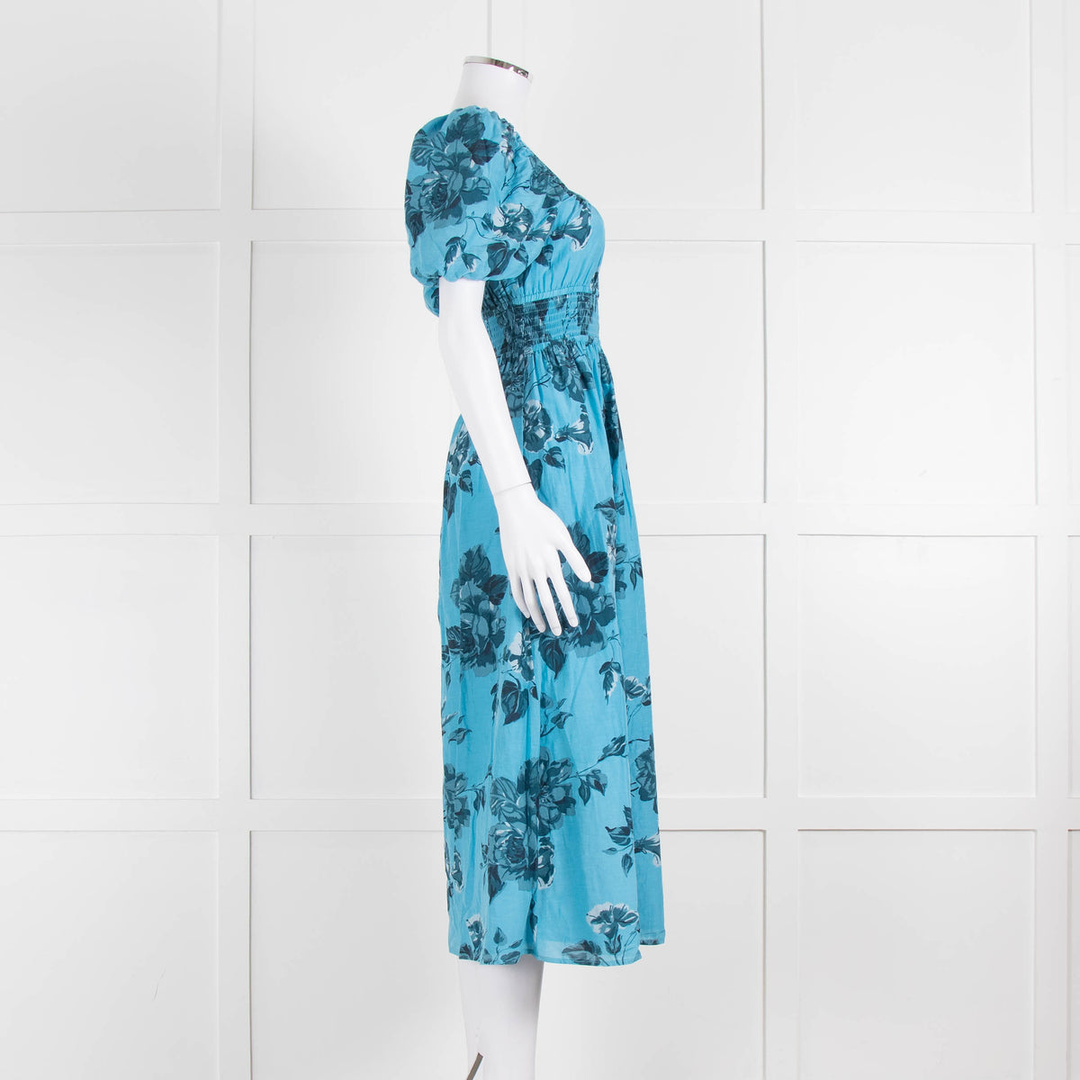 Faithfull The Brand Blue Floral Puff Sleeve Midi Dress