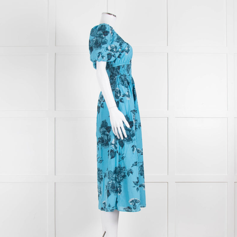 Faithfull The Brand Blue Floral Puff Sleeve Midi Dress