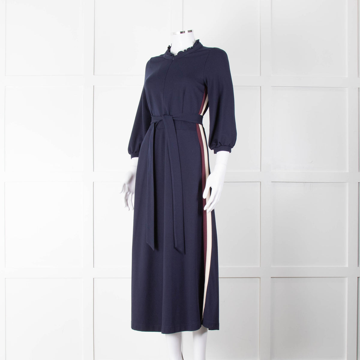 WYSE Blue Cream Burgundy Side Stripe Jersey Belted Dress