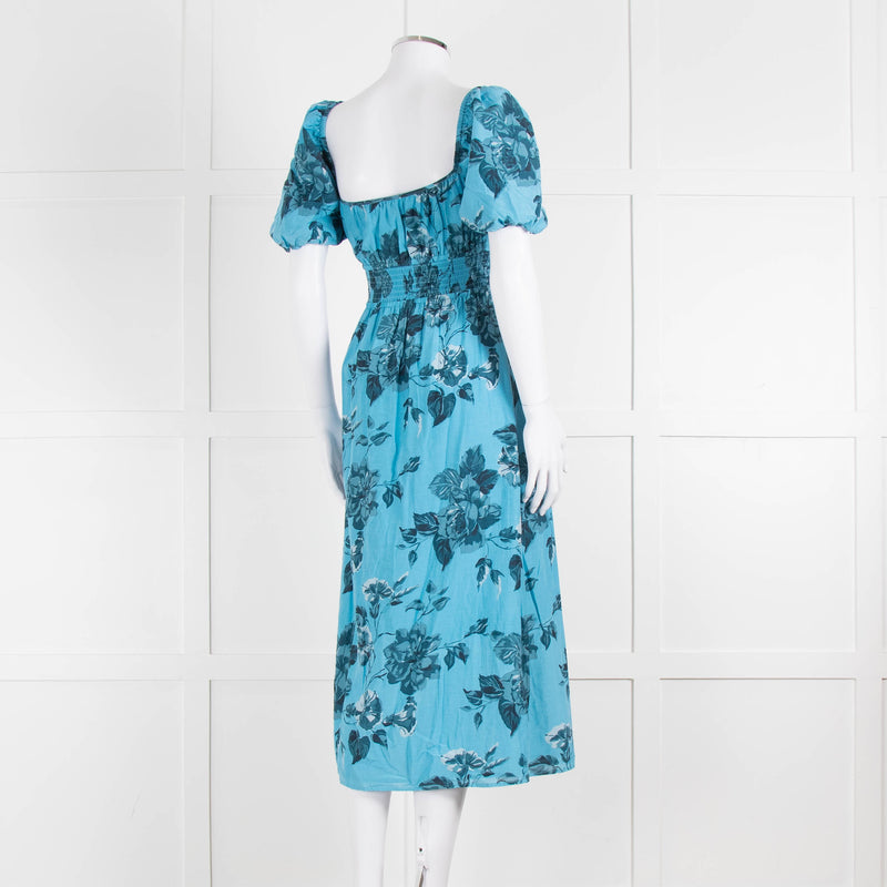 Faithfull The Brand Blue Floral Puff Sleeve Midi Dress