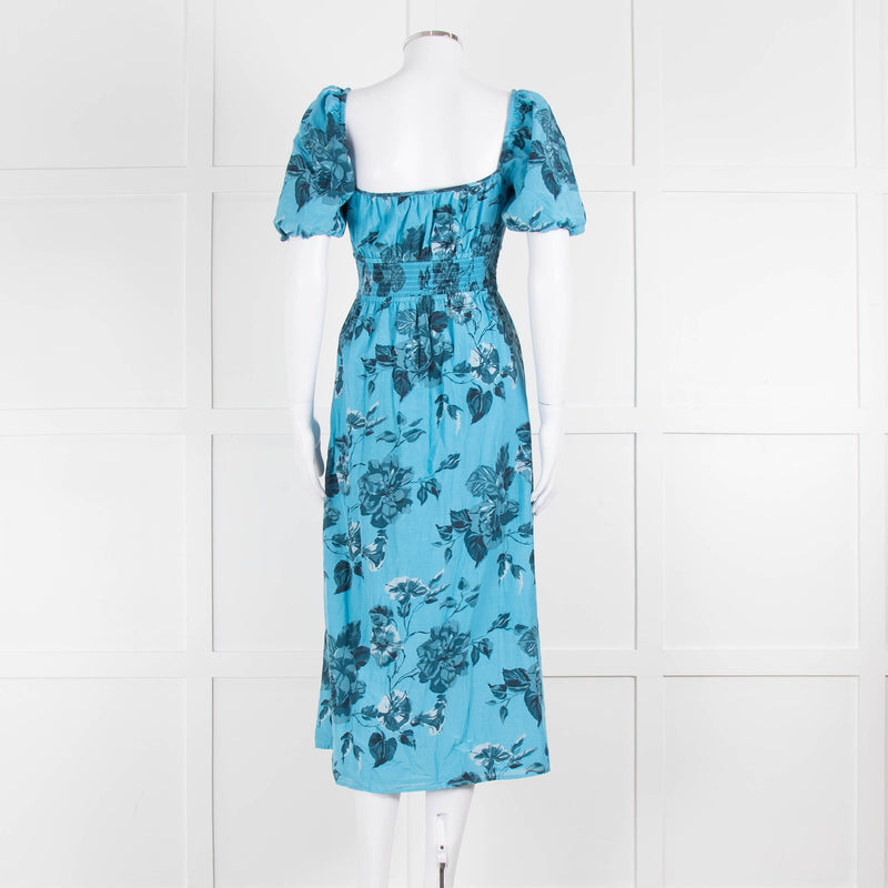 Faithfull The Brand Blue Floral Puff Sleeve Midi Dress