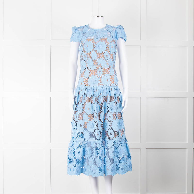 Self-Portrait Blue Emboidered Lace Short Sleeve Midi Dress