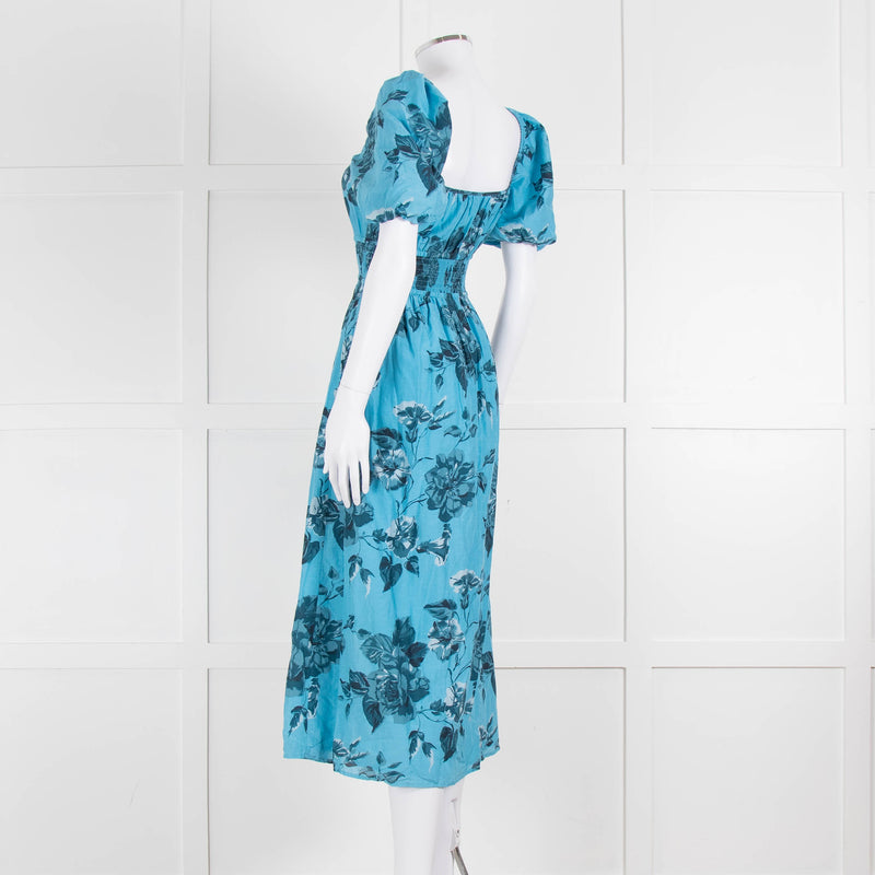 Faithfull The Brand Blue Floral Puff Sleeve Midi Dress