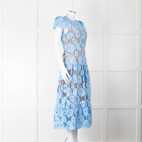 Self-Portrait Blue Emboidered Lace Short Sleeve Midi Dress